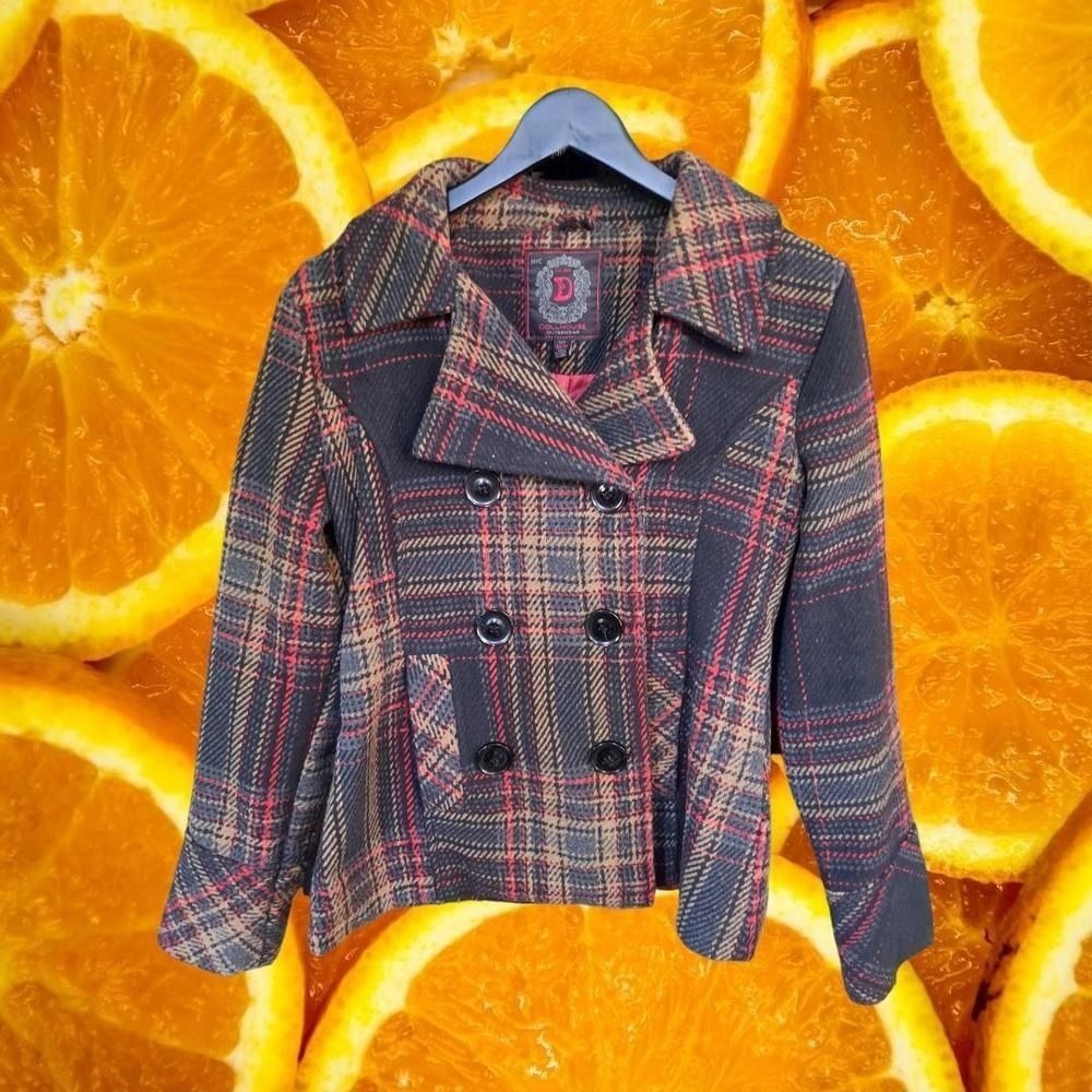 Dollhouse Outerwear Womens Plaid Double Breasted Wool Blend Pea Coat Black Red M